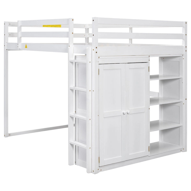 Gray Full Size Loft Bed with Wardrobe, Storage Shelves and LED Light