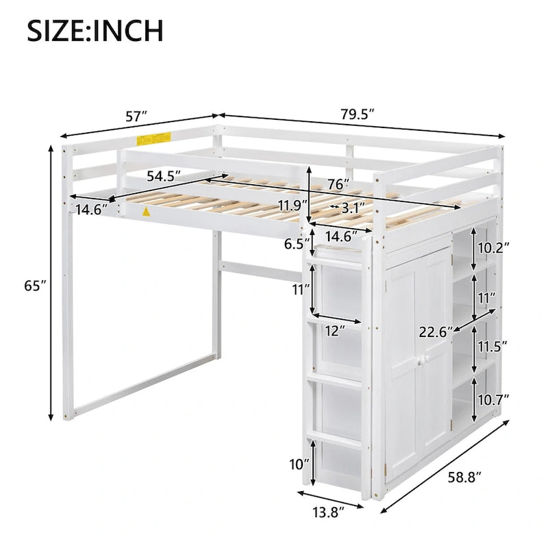 Gray Full Size Loft Bed with Wardrobe, Storage Shelves and LED Light