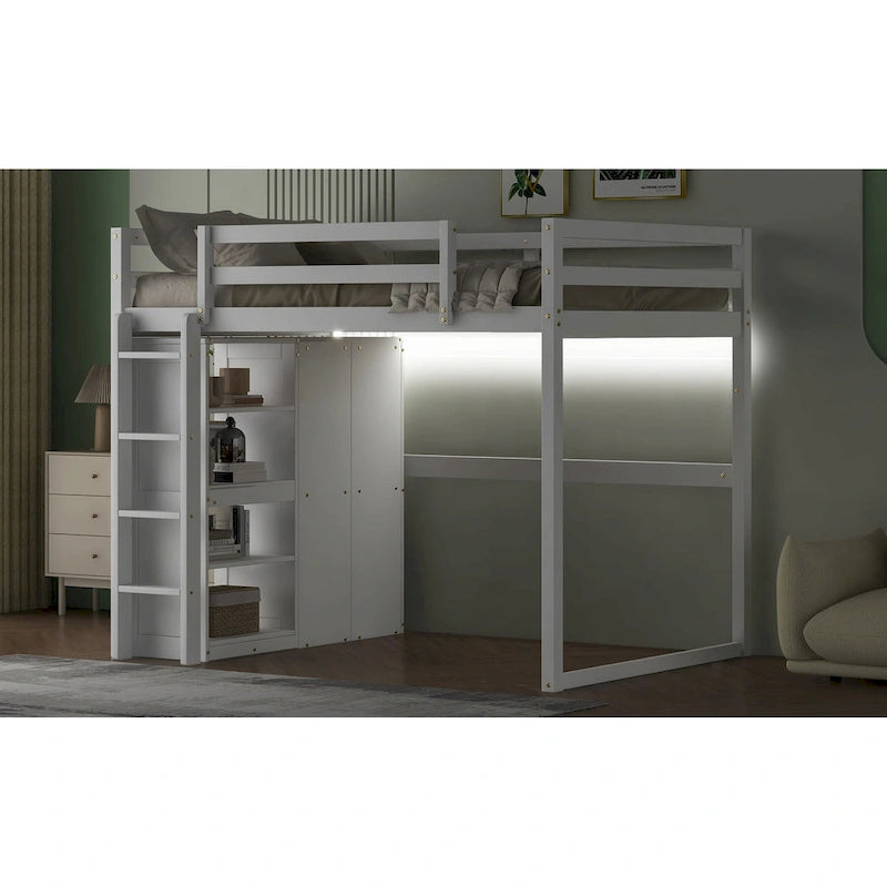 Gray Full Size Loft Bed with Wardrobe, Storage Shelves and LED Light