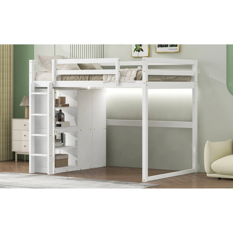 Gray Full Size Loft Bed with Wardrobe, Storage Shelves and LED Light