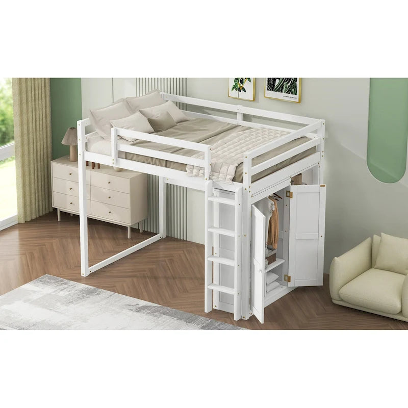 Gray Full Size Loft Bed with Wardrobe, Storage Shelves and LED Light