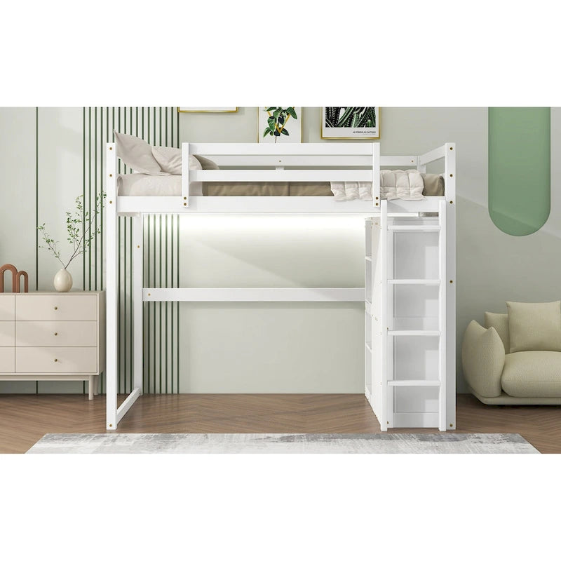 Gray Full Size Loft Bed with Wardrobe, Storage Shelves and LED Light