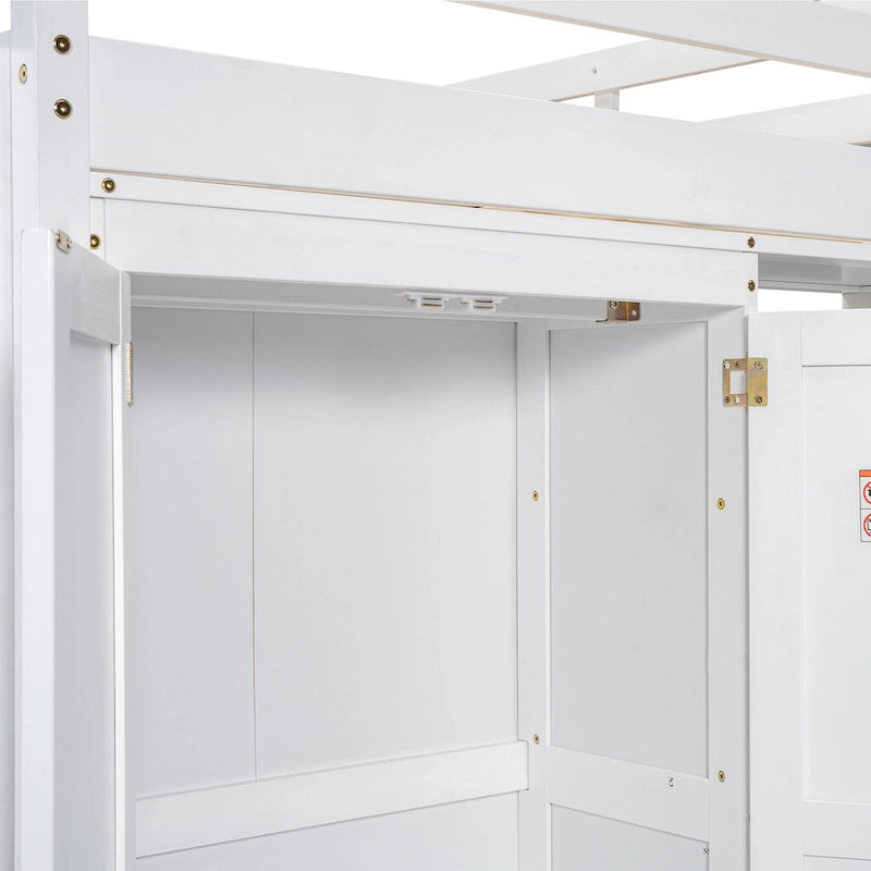 Gray Full Size Loft Bed with Wardrobe, Storage Shelves and LED Light