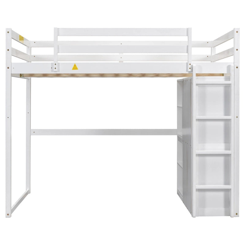 Gray Full Size Loft Bed with Wardrobe, Storage Shelves and LED Light
