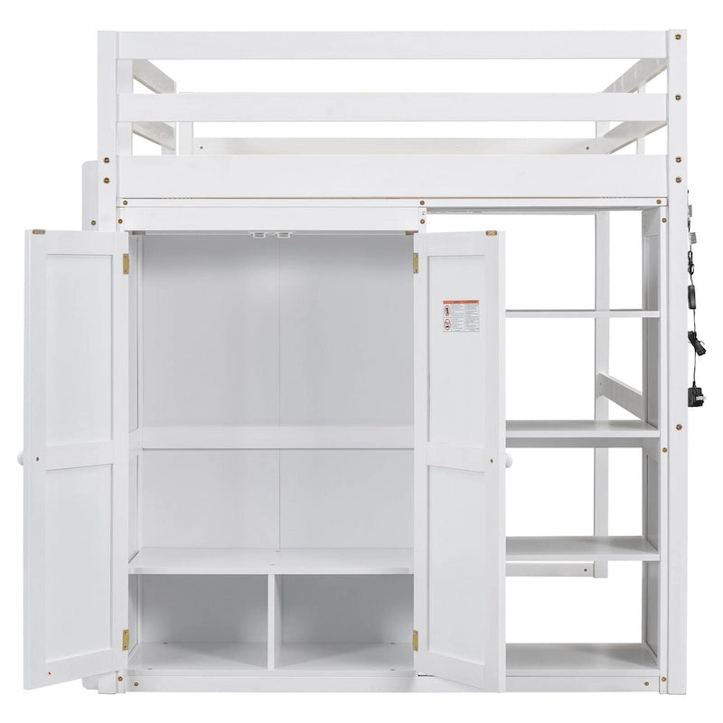 Gray Full Size Loft Bed with Wardrobe, Storage Shelves and LED Light