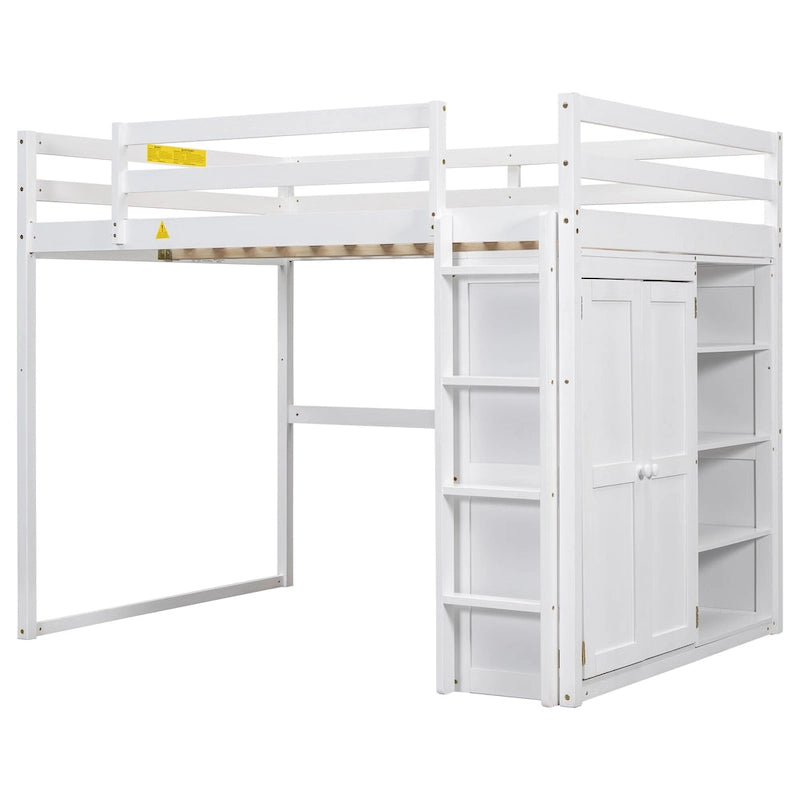 Gray Full Size Loft Bed with Wardrobe, Storage Shelves and LED Light