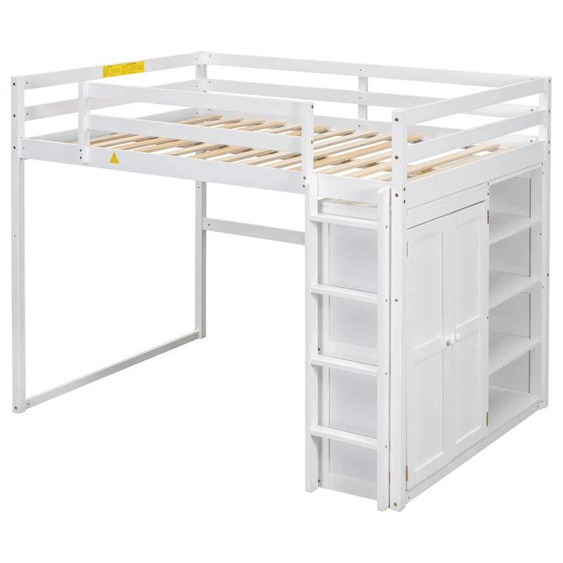 Gray Full Size Loft Bed with Wardrobe, Storage Shelves and LED Light