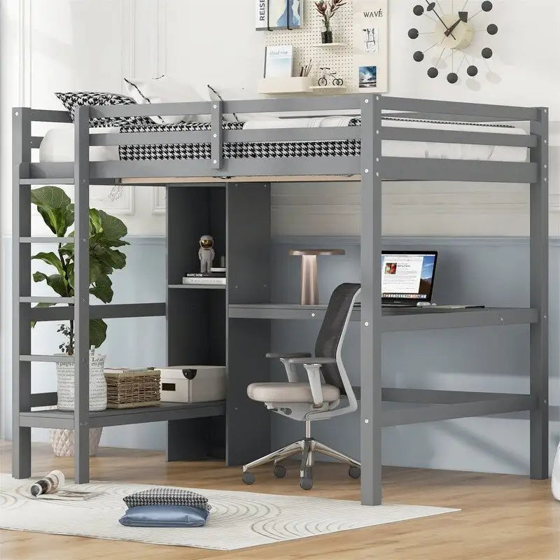 Wooden Loft Bed with Built-in Desk, Storage Shelves, Ladder and Guardrail