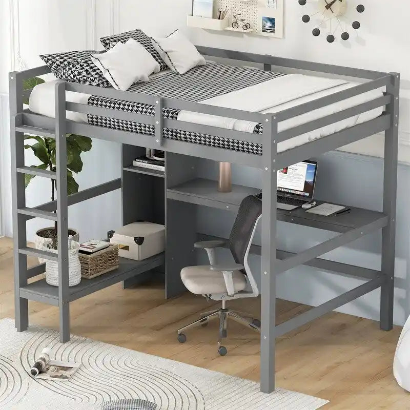 Wooden Loft Bed with Built-in Desk, Storage Shelves, Ladder and Guardrail
