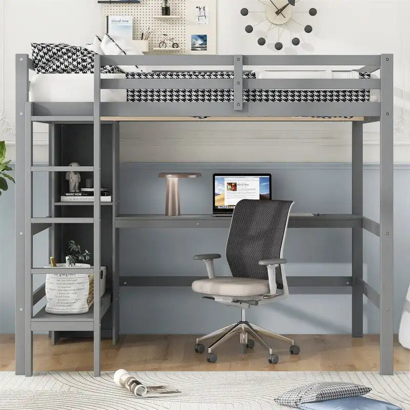 Wooden Loft Bed with Built-in Desk, Storage Shelves, Ladder and Guardrail