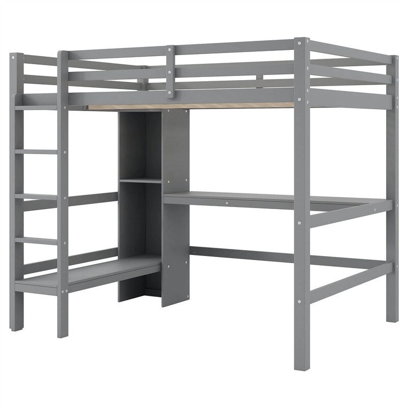 Wooden Loft Bed with Built-in Desk, Storage Shelves, Ladder and Guardrail