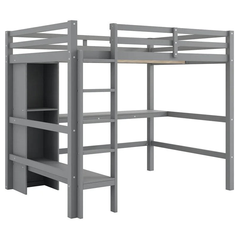 Wooden Loft Bed with Built-in Desk, Storage Shelves, Ladder and Guardrail