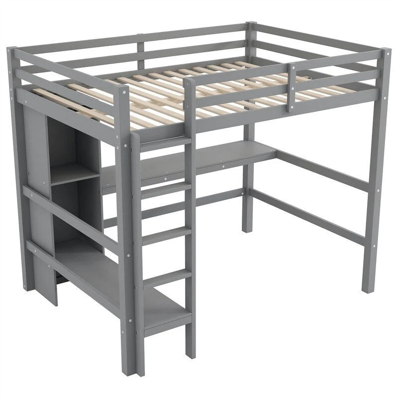 Wooden Loft Bed with Built-in Desk, Storage Shelves, Ladder and Guardrail