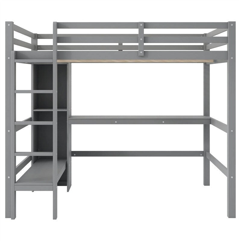 Wooden Loft Bed with Built-in Desk, Storage Shelves, Ladder and Guardrail