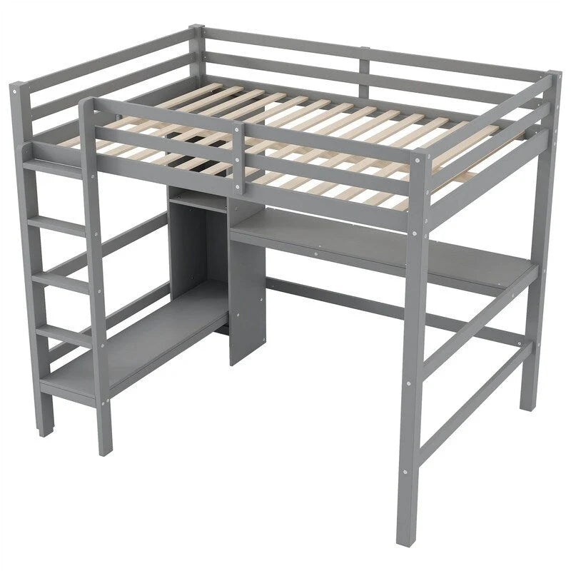 Wooden Loft Bed with Built-in Desk, Storage Shelves, Ladder and Guardrail