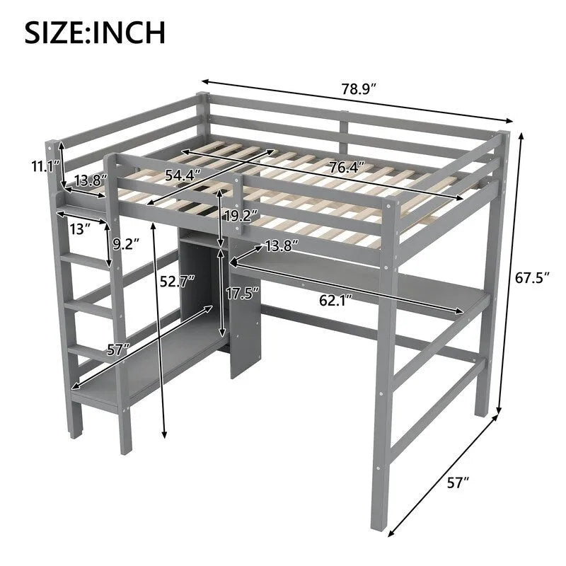 Wooden Loft Bed with Built-in Desk, Storage Shelves, Ladder and Guardrail