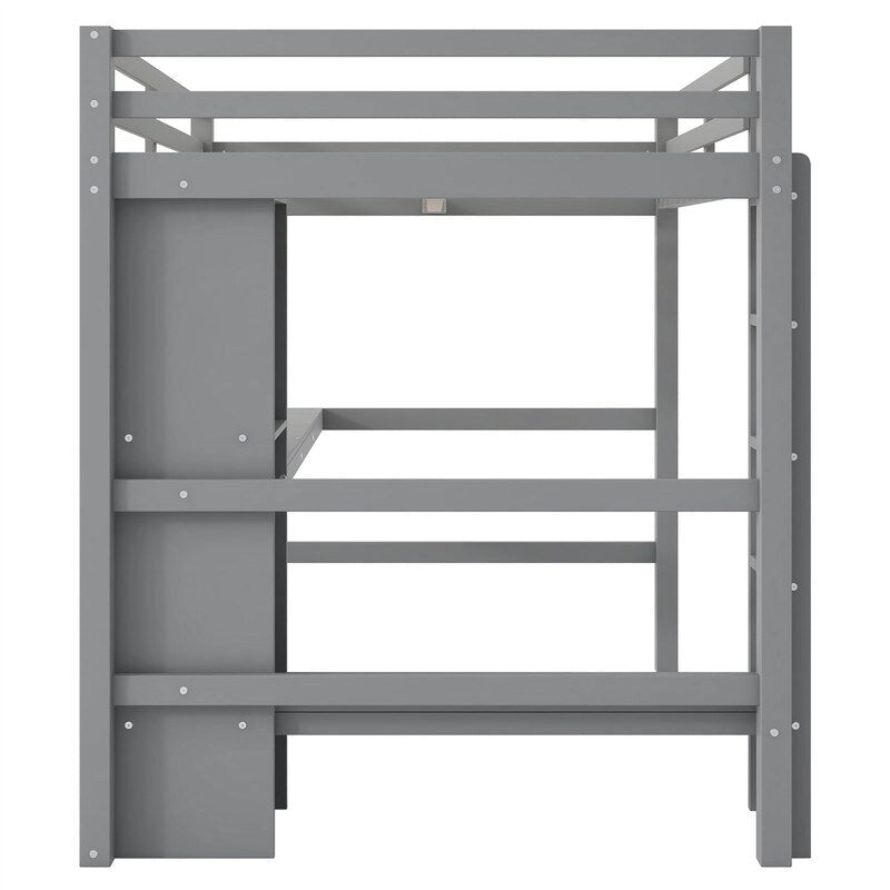 Wooden Loft Bed with Built-in Desk, Storage Shelves, Ladder and Guardrail