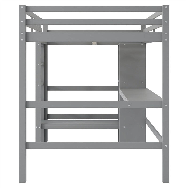 Wooden Loft Bed with Built-in Desk, Storage Shelves, Ladder and Guardrail