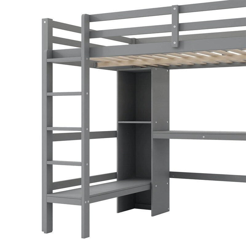 Wooden Loft Bed with Built-in Desk, Storage Shelves, Ladder and Guardrail