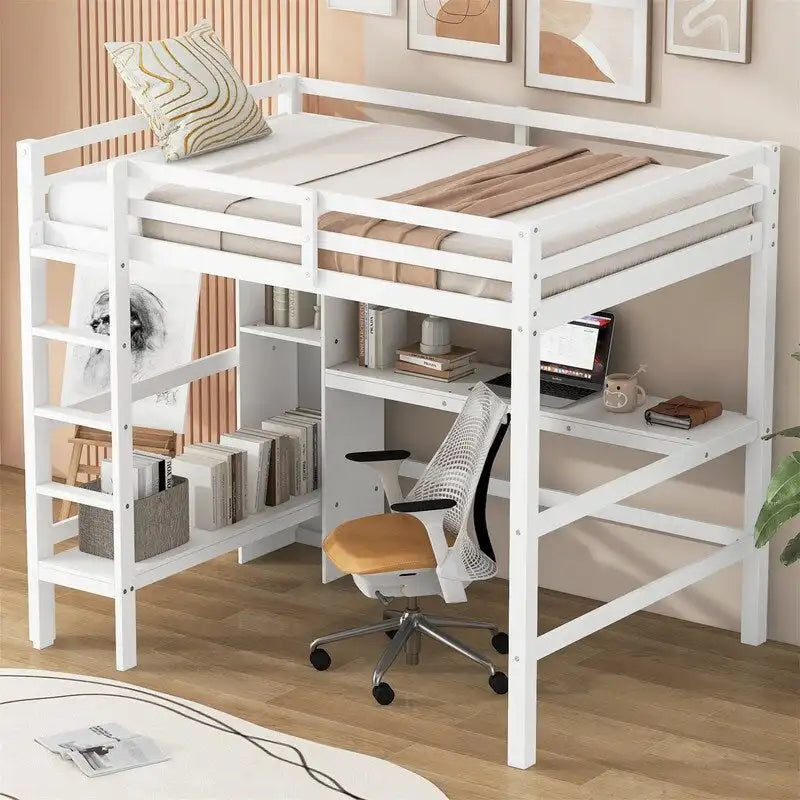 Wooden Loft Bed with Built-in Desk, Storage Shelves, Ladder and Guardrail