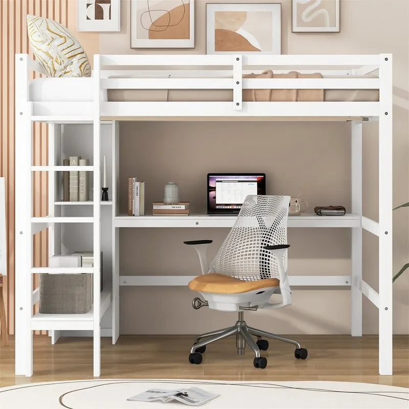 Wooden Loft Bed with Built-in Desk, Storage Shelves, Ladder and Guardrail