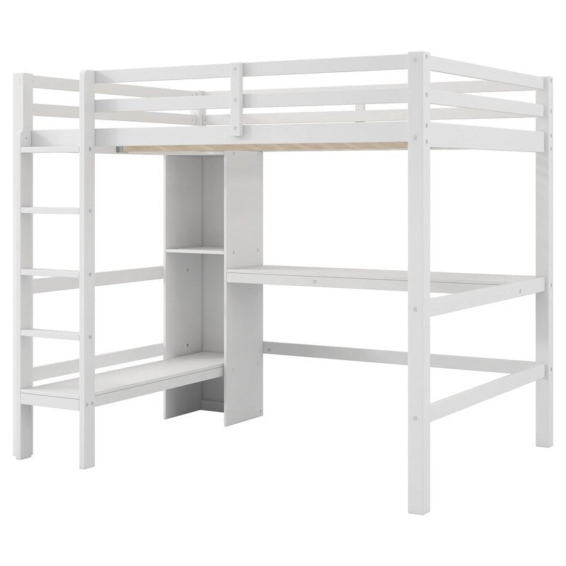 Wooden Loft Bed with Built-in Desk, Storage Shelves, Ladder and Guardrail