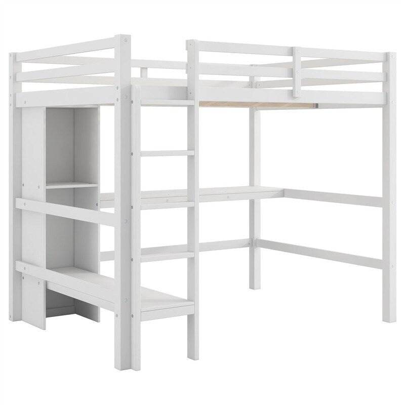 Wooden Loft Bed with Built-in Desk, Storage Shelves, Ladder and Guardrail