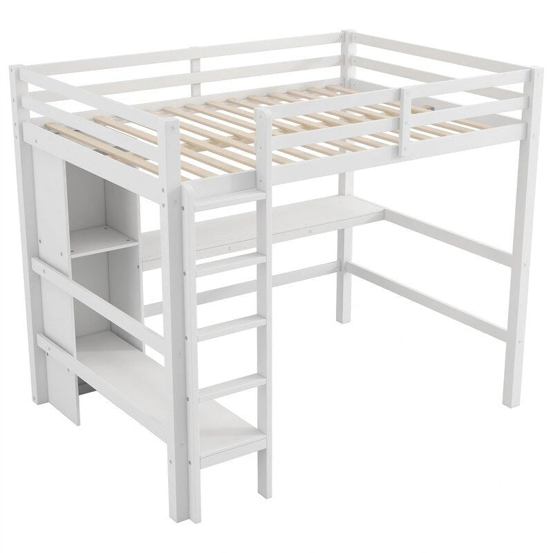 Wooden Loft Bed with Built-in Desk, Storage Shelves, Ladder and Guardrail