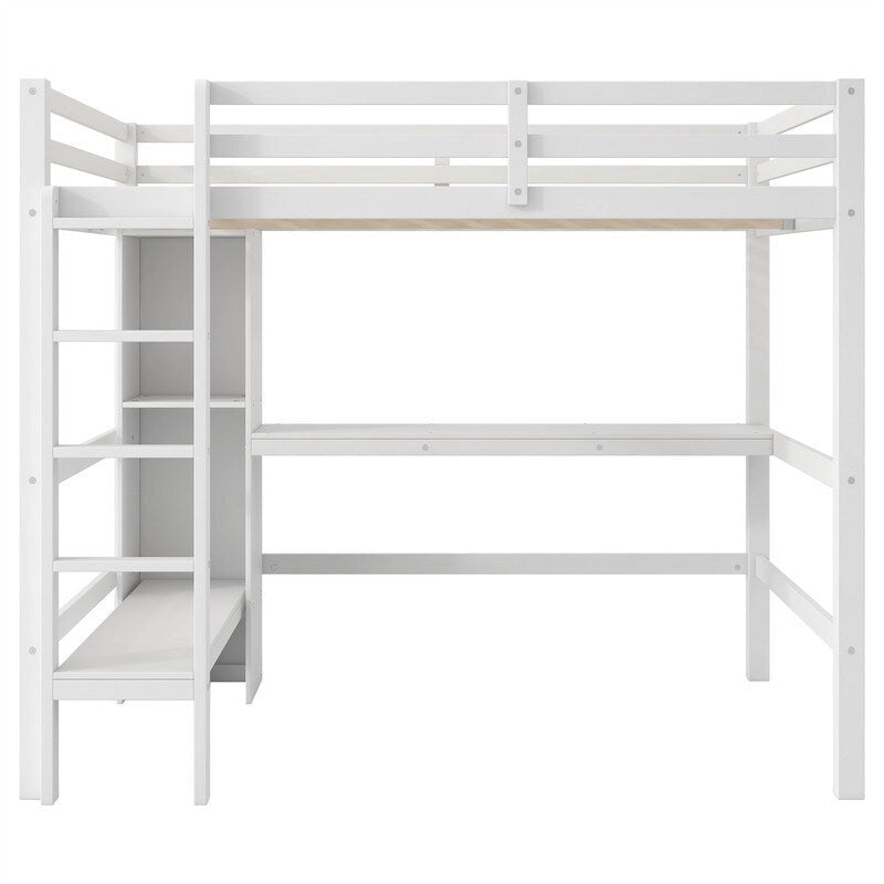 Wooden Loft Bed with Built-in Desk, Storage Shelves, Ladder and Guardrail