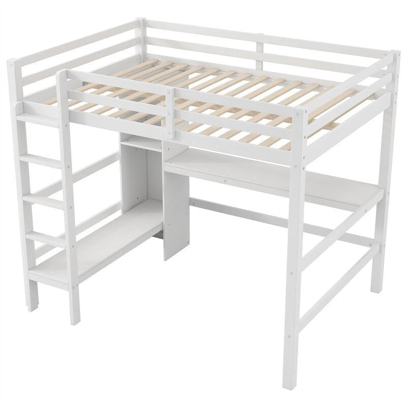 Wooden Loft Bed with Built-in Desk, Storage Shelves, Ladder and Guardrail