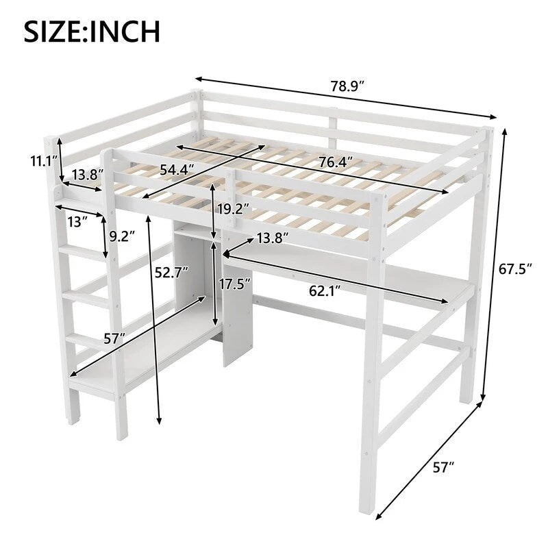 Wooden Loft Bed with Built-in Desk, Storage Shelves, Ladder and Guardrail