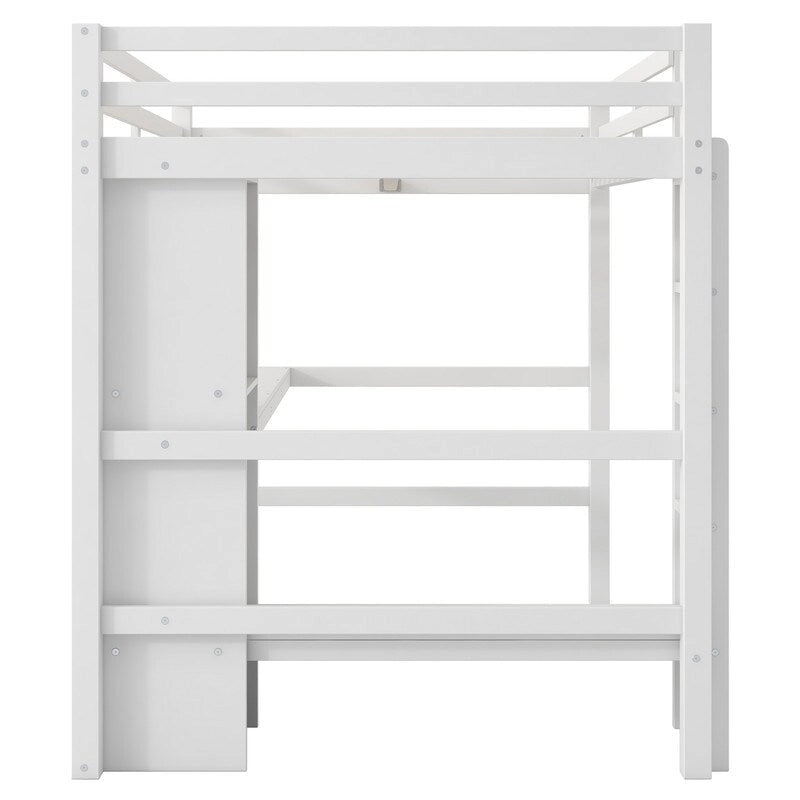 Wooden Loft Bed with Built-in Desk, Storage Shelves, Ladder and Guardrail