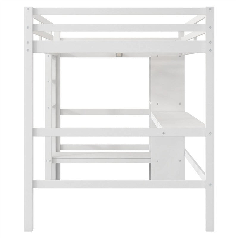 Wooden Loft Bed with Built-in Desk, Storage Shelves, Ladder and Guardrail