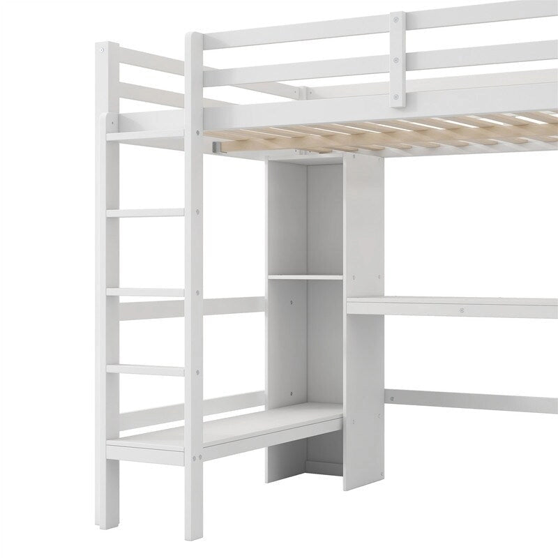 Wooden Loft Bed with Built-in Desk, Storage Shelves, Ladder and Guardrail