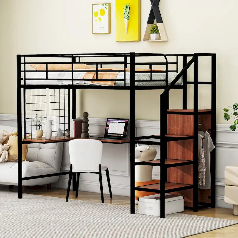 Black Metal Loft Bed with Desk Lateral Storage Ladder Wardrobe Grid Style