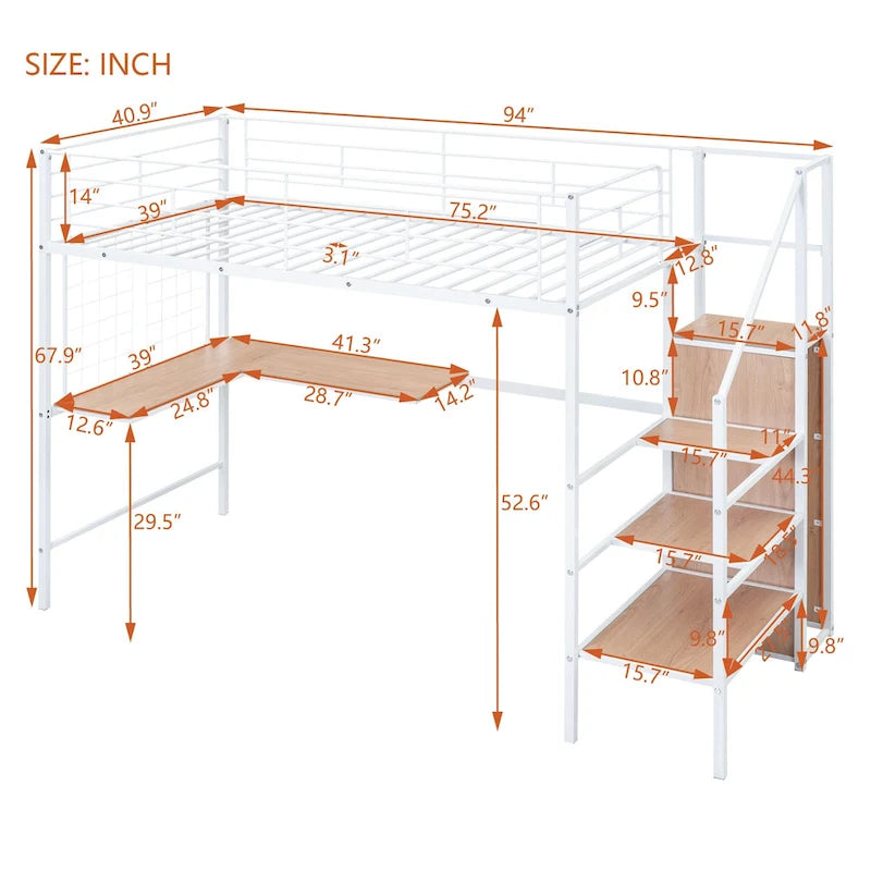 Black Metal Loft Bed with Desk Lateral Storage Ladder Wardrobe Grid Style