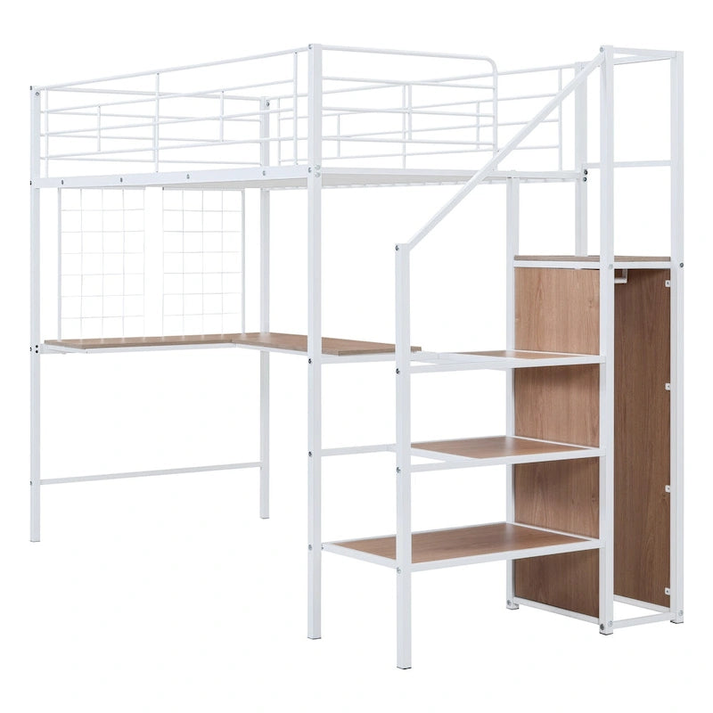 Black Metal Loft Bed with Desk Lateral Storage Ladder Wardrobe Grid Style