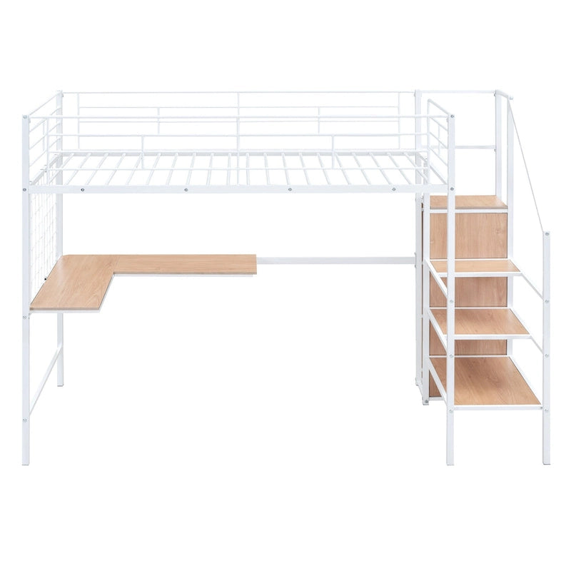 Black Metal Loft Bed with Desk Lateral Storage Ladder Wardrobe Grid Style