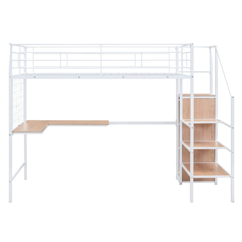 Black Metal Loft Bed with Desk Lateral Storage Ladder Wardrobe Grid Style