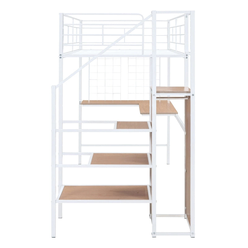 Black Metal Loft Bed with Desk Lateral Storage Ladder Wardrobe Grid Style