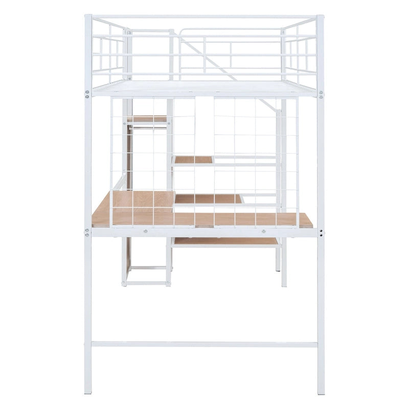 Black Metal Loft Bed with Desk Lateral Storage Ladder Wardrobe Grid Style