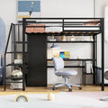 Lit mezzanine en métal blanc avec bureau, escalier de rangement et penderie
