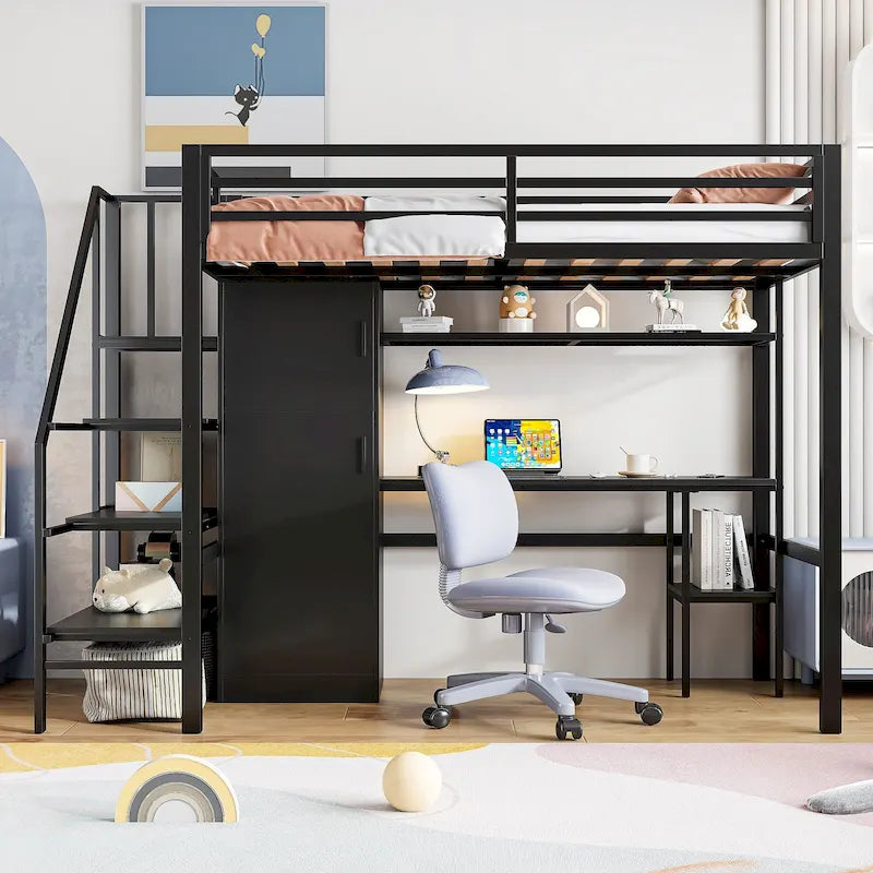 White Metal Loft Bed with Desk, Staircase Storage and Wardrobe