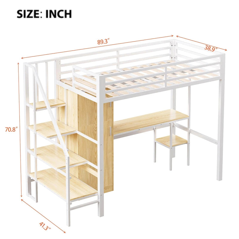 Lit mezzanine en métal blanc avec bureau, escalier de rangement et penderie
