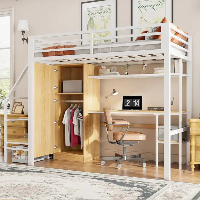 White Metal Loft Bed with Desk, Staircase Storage and Wardrobe