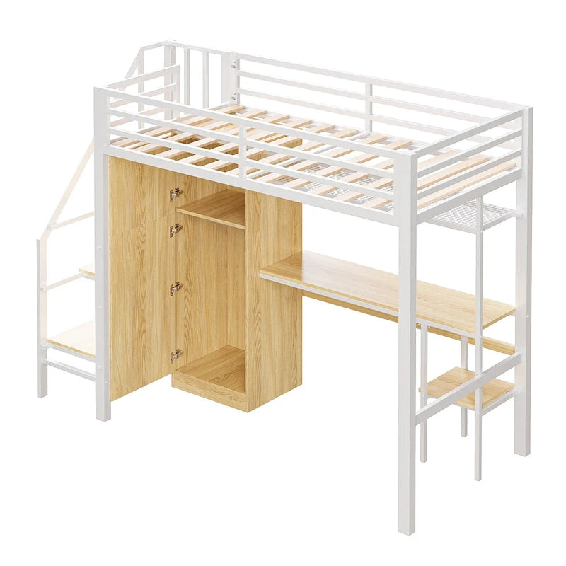 White Metal Loft Bed with Desk, Staircase Storage and Wardrobe