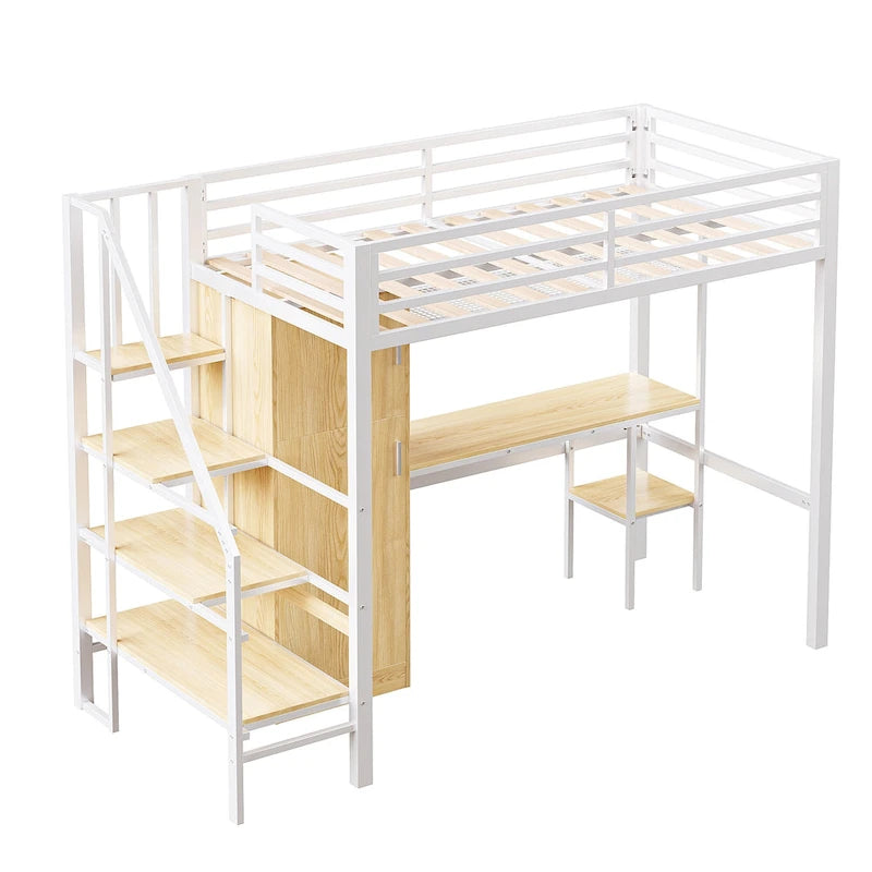 White Metal Loft Bed with Desk, Staircase Storage and Wardrobe