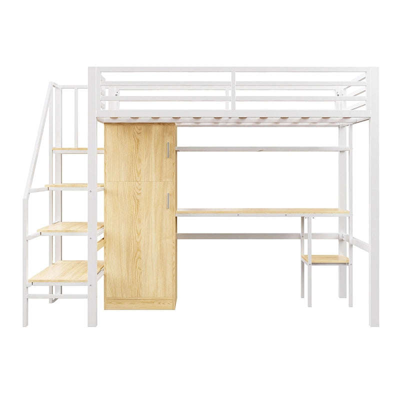 Lit mezzanine en métal blanc avec bureau, escalier de rangement et penderie