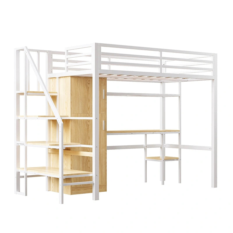 Lit mezzanine en métal blanc avec bureau, escalier de rangement et penderie