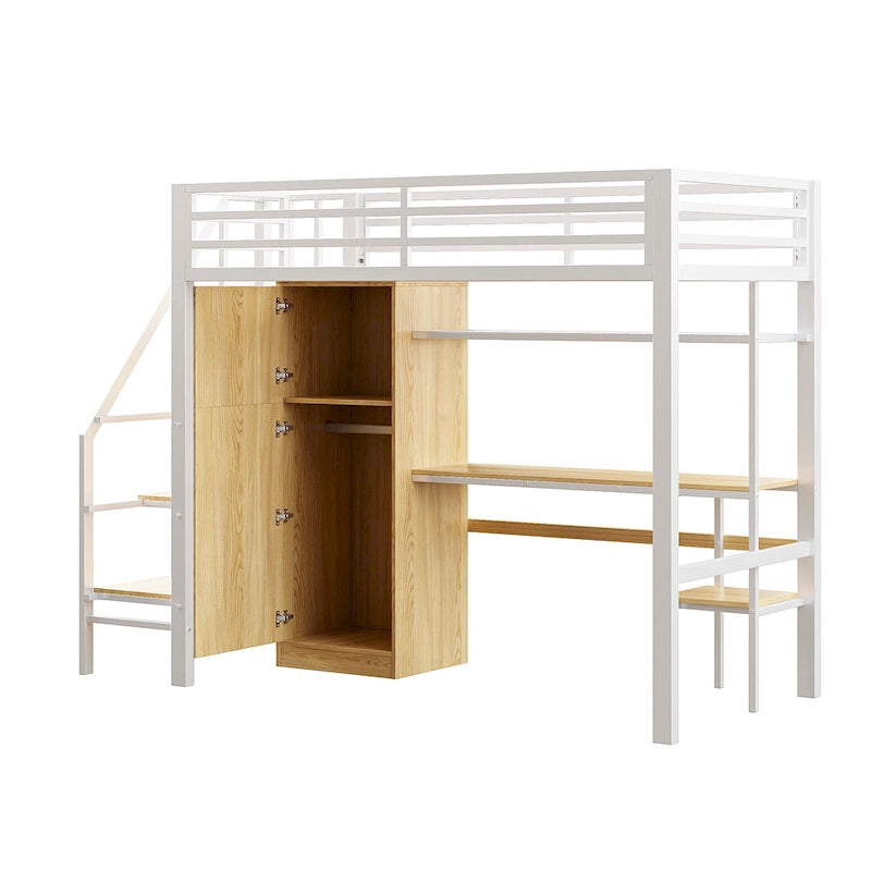 Lit mezzanine en métal blanc avec bureau, escalier de rangement et penderie